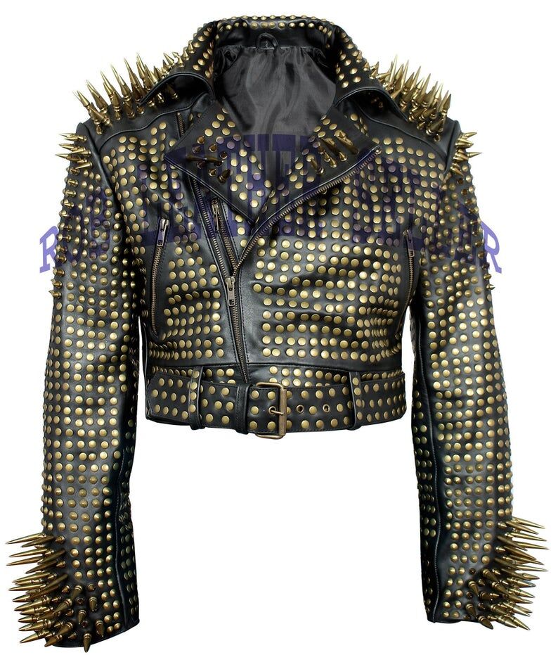 Made To Order Black Brando Belted Leather Jacket Golden Spike Studded