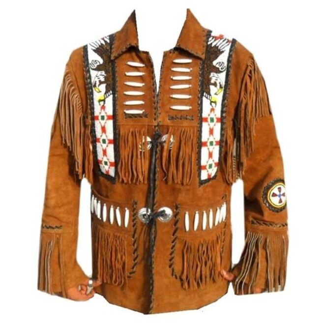 Men Brown Eagle Beads Western Cowboy Suede Leather Jacket, Fringes ...