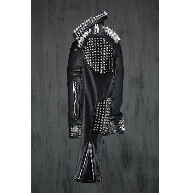  Handmade Long Spiked Studded Leather Jacket Men