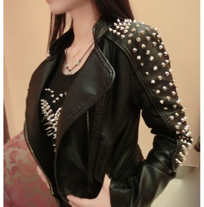 Women Punk Style Short Studded Leather Jacket, Motorcycle Jacket ...
