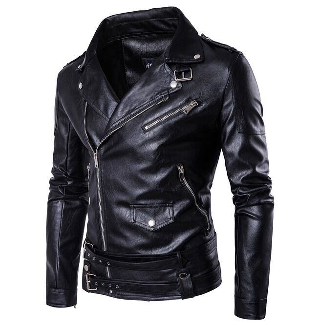 Men's Punk Belted Design Slim Fitted Faux Leather Zipper Biker Jacket ...