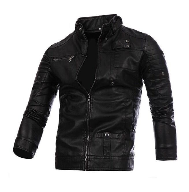 Men's Stand Collar Slim Fitted Faux Leather Motor Jacket - Rangoli ...
