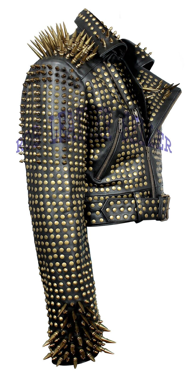 Made To Order Black Brando Belted Leather Jacket Golden Spike Studded ...