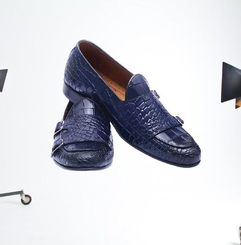 Handmade Men Blue Crocodile Textured Leather Moccasin Dress Shoes for Men,  Men Blue Formal Dress Shoes